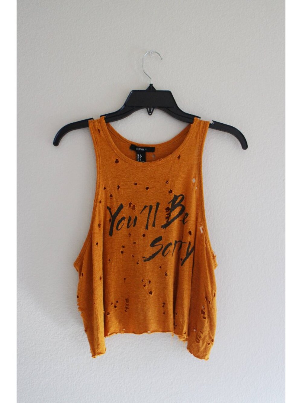 Forever 21 Orange Distressed Holes Cotton Crop Sleeveless Tank Top Size L